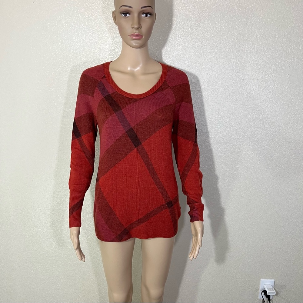 Burberry Brit Red Pink Nova Check Merino Wool Cashmere Sweater Medium M